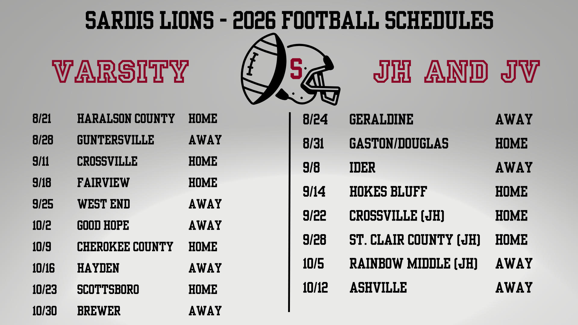 2026 JH, JV, and Varsity Football Schedules